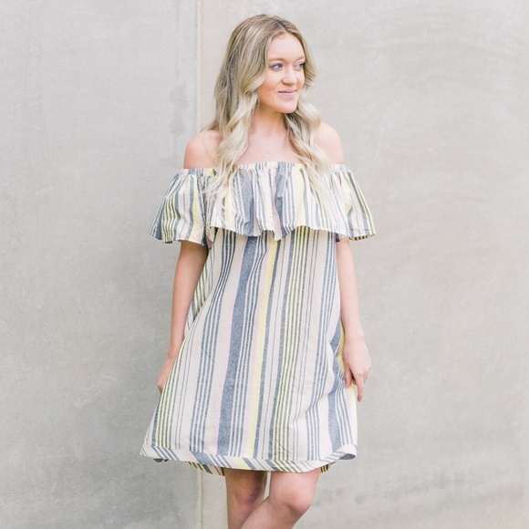 easel Dresses & Skirts - Easel Los Angeles Striped Off-Shoulder Mini Dress